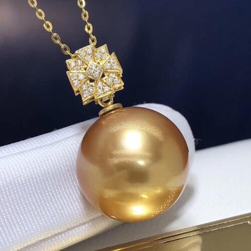 Fine Jewelry 18K Yellow Gold Natural Ocean Golden Pearl 14-13mm Pendant Necklaces for Women FIne Pearls Pendants
