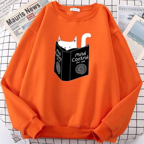 Cats Mind Control Book Cute Print Womens Hoodie Cartoon Hip Hop Hoody Crewneck Fleece Pullover Autumn Loose Women Clothes New