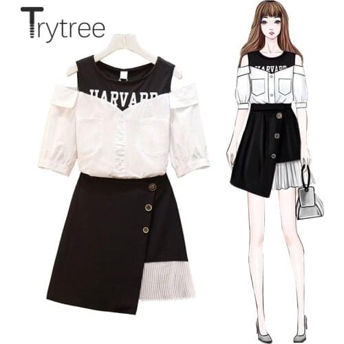 Trytree Summer Women Two Piece Set Casual O-neck Patchwork Button Letter Loose Top + Skirt Mini Irregular Stripe 2 Piece Set