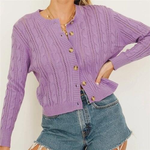 Autumn 2020 women sweater white knitted sweater green twist sweater cardigan cropped button up cardigan casual sueter mujer