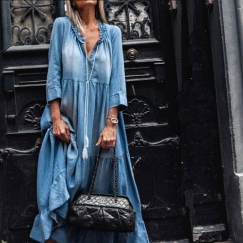 YKURAE Denim Dress Women Loose Cowboy Three Quarter Sleeve Long Dresses Robe Ruffle V Neck Elegant Party Maxi Dress 2021FL350