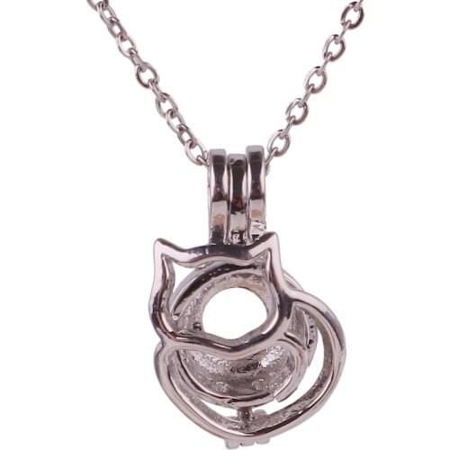 10pcs Silver Copper cats animal Beads Cage Essential Oil Diffuser Perfume Pearl Cage Locket necklace 45cm stainless steel chains