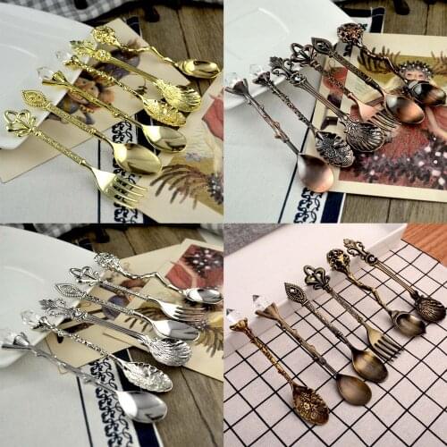 Behogar 5PCS Vintage Zinc Alloy Spoon and 1pcs Fork for Home Kitchen Office Party Decor Tea Coffee Ice Cream Dessert Snacks Set