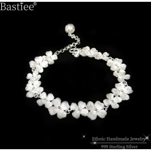 Flower 999 Sterling Silver Charm Bracelet Luxury Jewelry Boho Bracelets For Women Ethnic Handmade armband bransoletki damskie
