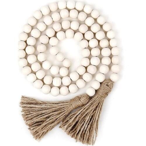 Wood Bead Garland with Tassels,Farmhouse Beads Rustic Country Decor Prayer Boho Beads Wall Hanging Decoration