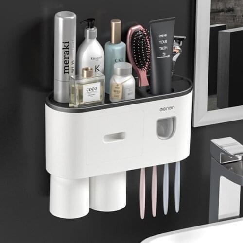Toothbrush Holder with Toothbrush Dispenser-Multifunctional Wall Mounted Space-Saving Toothpaste Squeezer Kit, 4 Toothbrush Slot
