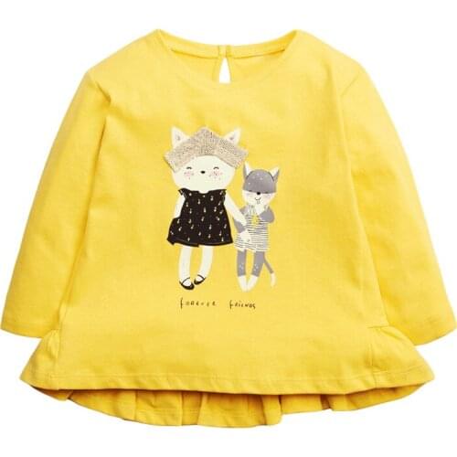 Little maven Girls T-shirt Autumn Cartoon Cute Lovely Cat Pattern Casual Crew Neck for Long Sleeve Yellow Clothes 2-7years