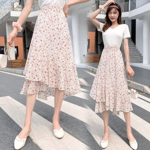 Floral Chiffon Midi Plus Size Oversized Korean Fashion High-Waisted Vintage Summer WomenS Clothing Skirt Women Vetement 2021