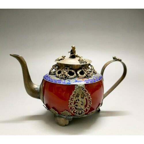 Exquisite Chinese Collectible Decorated Classical Handmade Red Agate Jade Inlaid with Tibetan Silver Dragon Monkey Lid Teapot