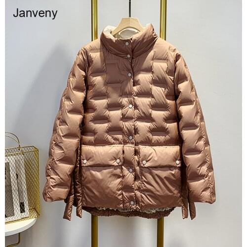 Janveny Light Down Jacket Women Winter Stand Collar Irregular Short 90% White Duck Down Coat Loose Puffer Fashion Feather Parkas