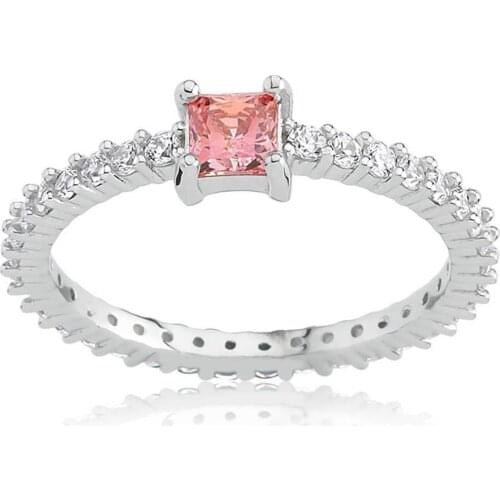 Valori Jewels 0.40 Carat, Zirconia White And Pink Square Gemstone, Rhodium Plated, Sterling Silver Eternity Ring