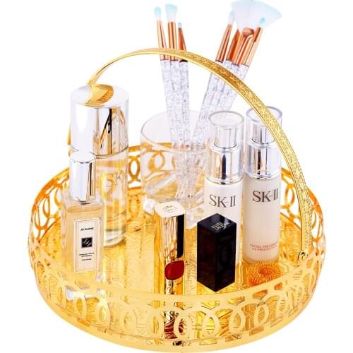 Round Gold Vintage Dresser Jewelry Decorative Trinket Tray with Handle Makeup Organizer for Perfume Bathroom Display