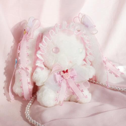 Cute Lolita Girl Loppy Eared Rabbit Plush Hangbag Handmade Shoulder Bag Bow Lace Trim Small Purse Bag Pearl Strap Little Bag