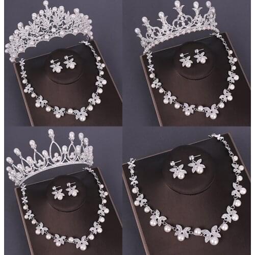 Fashion Bridal Jewelry Sets Wedding Crown Necklace With Earrings Pearl Crystal Tiara And Crowns Hair Ornaments Women Accessories