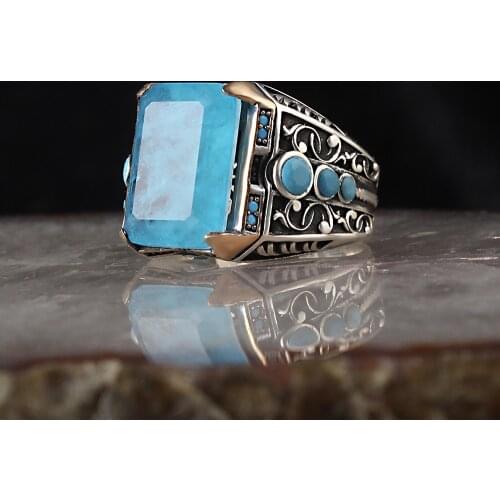 Male Ring Blue Custom Cut Pariba 925 Sterling Silver Ring For Men