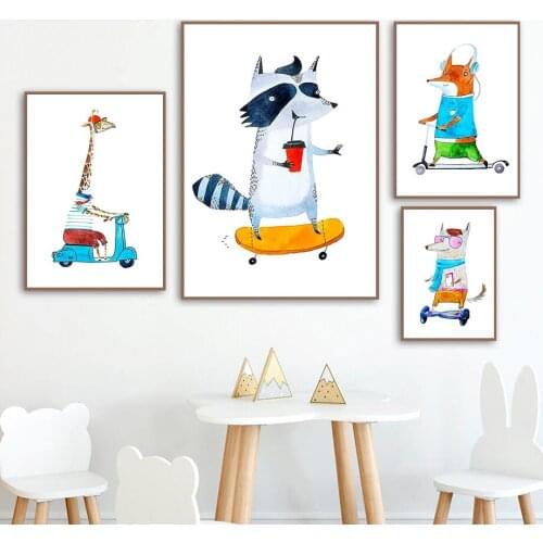 Giraffe Bear Fox Raccoon Wolf Rabbit Bicycle Wall Art Canvas Painting Nordic Posters And Prints Wall Pictures Kids Room Decor