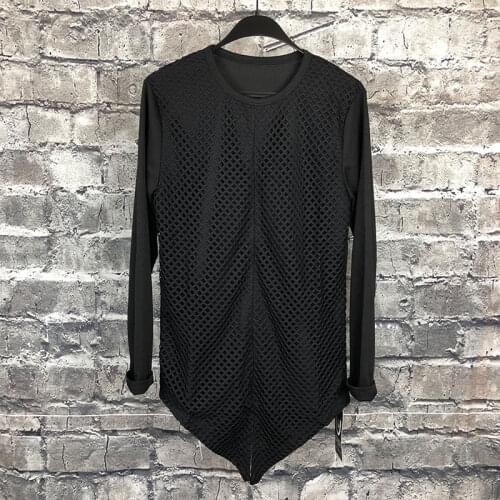 Autumn and winter new original design Slim fake two-piece mesh T-shirt trendy mens personality irregular hem long-sleeved T-shi