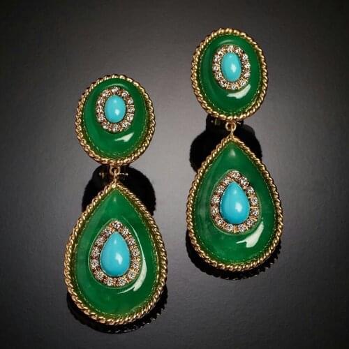 Luxury Deep Green Enamel Water Drop Earrings Ladies Fashion Jewelry Golden Metal Crystal Blue Teardrop Dangle Earrings