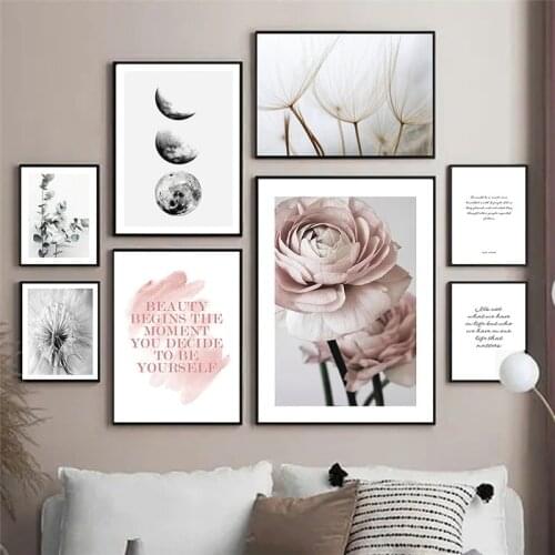 Scandinavian Pink Flower Plant Wall Art Picture Canvas Painting Dandelion Moon Posters for Living Room Decor