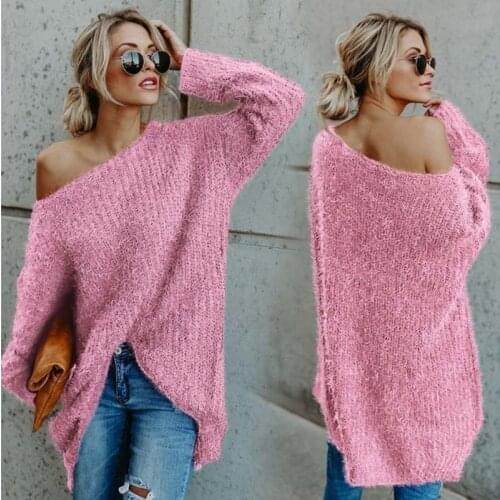 Women Sexy Off Shoulder Black Pink Oversized Sweaters Long Sleeve Casual Loose Solid Plush Sweaters Female Jumpers Pullover Tops