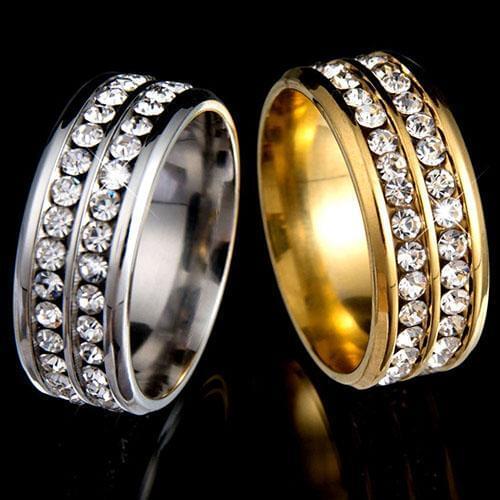 Womens Mens Fashion Double Rows Rhinestones Titanium Steel Wedding Jewelry Ring