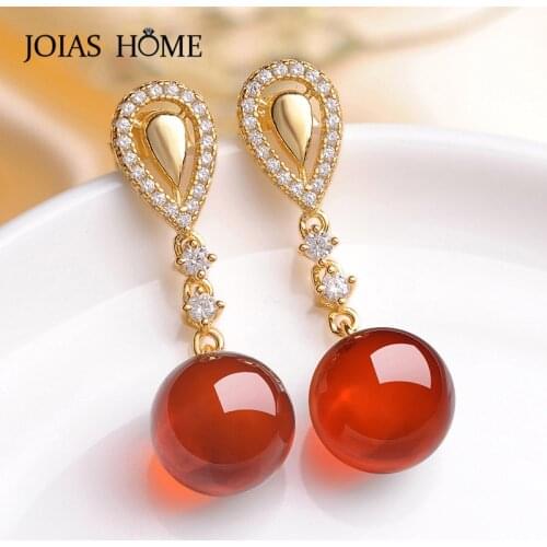 JoiasHome Female Ear drops Water Drop Shaped Silver 925 Jewelry Gemstones Round Garnet Earrings for Women Trendy Gift for Lady