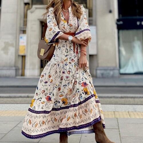 Maxi Deep V Neck Print Autumn Womens Dress 2021 Sleeved A-line Long Floral Ladies One-piece Elegant Bohemia Dresses Robe Femme