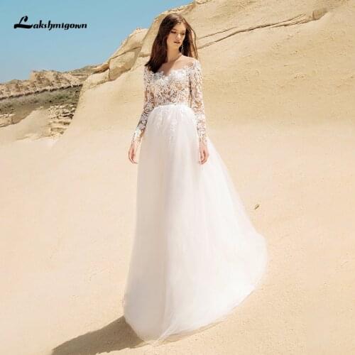 Lakshmigown 2021 Long Sleeves Tulle Wedding Dresses Lace Appliques Boho Bridal Gowns Buttons Back vestido de novia Scoop Neck