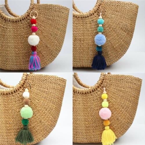1pc Big Pompom Keychains Women Handbag Charms For Summer Tassel Keyring Boho Style Jewelry