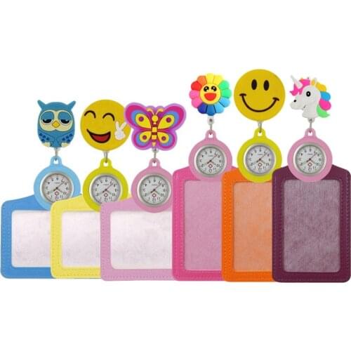 10pcs/lot 2 in 1 cartoon rubber nurse Retractable pocket watches ladies women men doctor Badge Reel name cards Holder mens watch