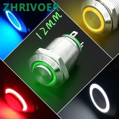 12mm Waterproof Metal Push Button Switch Momentary Locking Car Engine PC Power Switch 3V 5V 12V 24V 220V Ring Symbol LED Light