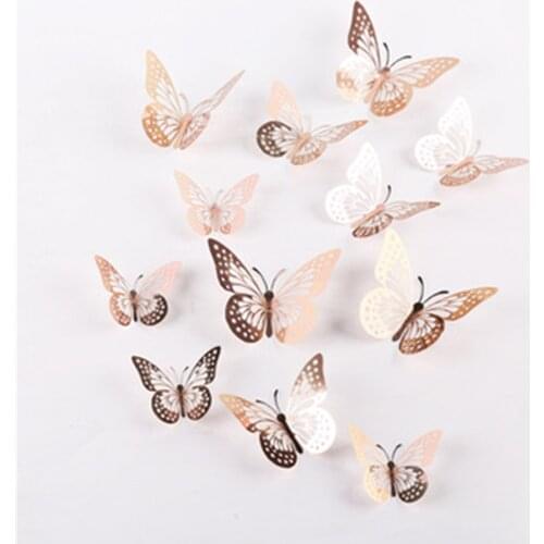 12pcs/set Hollow 3D Butterfly Wall Sticker for Wedding Decoration living room window Gold silver Butterflies stickers Home Decor