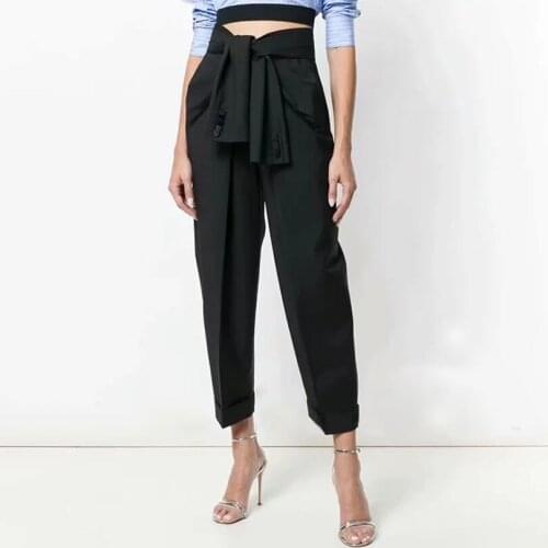 Slacks Casual Pants High Waist Autumn Belted Straight Leg Office Lady Suit Pants Women Trousers