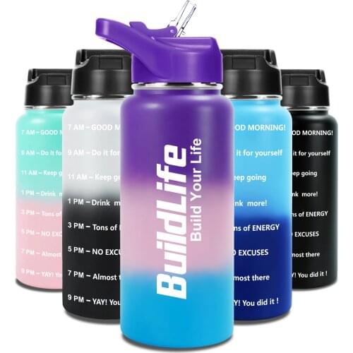 BuildLife 1L 32oz Insulated Water Bottle with Straw & Time Marker Stainless Steel Double Walled Vacuum Flask Metal Thermo Mug