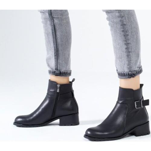 Callizio Womens Genuine Leather Boots Ankle High Low Square Heels Round Toe Ankle Buckle Strap Designer Luxury Handmade Comfortable Female Winter Warm Lining Formal Tough Solid Sexy Small Size 4 Shoes for Woman 2021