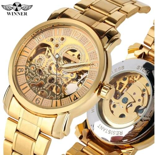 Mens Elegant Mechanical Watches Skeleton Hollow Dial Mechanical Watch for Teenagers Luxury Gold Stain Steel Strap Watch for Men