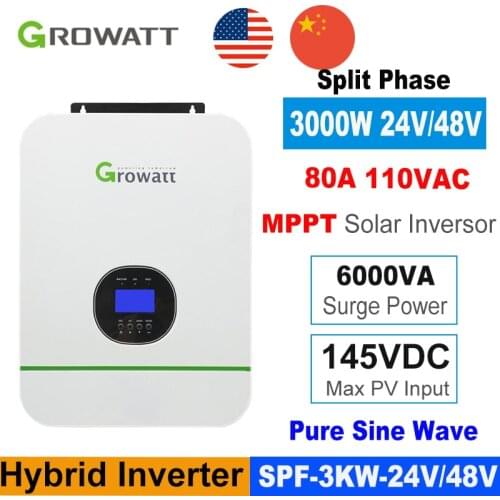 Growatt Hybrid Inverter 3KW Solar Inverter Split Phase MPPT Inverter Pure Sine Wave Built-in MPPT Output Voltage 110-120VAC