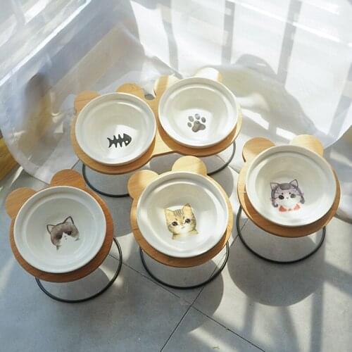 Hot Sale High-end Pet Bowl Cartoon Bamboo Shelf Ceramic Cat Feeding and Drinking Bowls Dogs Cats Bowls Pet Feeder Accessories