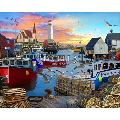 Sunrise landscape 5d Diy Diamond Painting Boats Lighthouses Diamond Embroidery Cross Stitch Diamond Mosaic Home Decor gift Canva