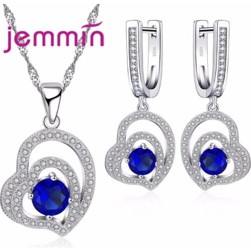 Double Heart Elegant Bridal Earrings+Necklace Sets Round Blue CZ Setting Jewelry Sets S925 Sterling Silver Parure Bijoux