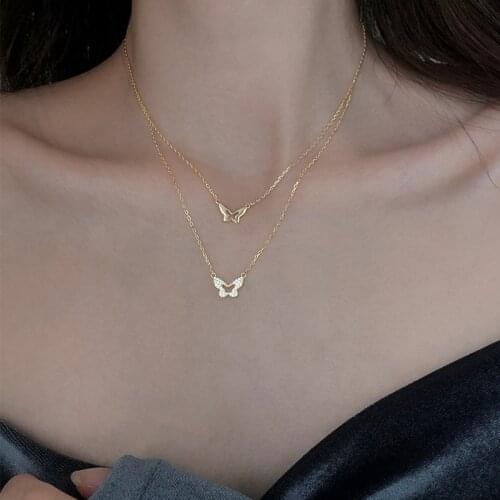 Fashion Butterfly Crystal Pearl Pendant Necklace Multilayer Statement Clavicle Chain Necklace 2021 Trend Short Choker Jewelry