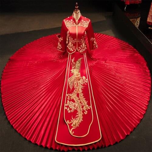 2021 Bride Red Cheongsam Phoenix Embroidery Qipao Traditional Chinese Style Wedding Dress Oriental Clothing Plus Size S-2XL
