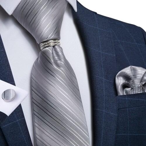 DiBanGu Men Necktie Silver White Striped Design Silk Wedding Tie For Men Tie Hanky Cufflinks Ring Set Fashion Bussiness Party