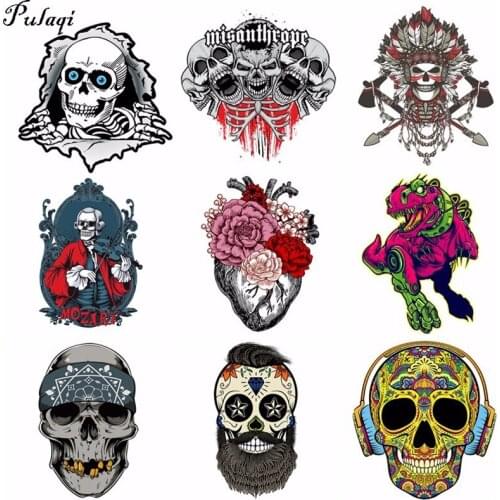 Pulaqi Punk Heart Pvc Patches T-shirt Printed Clothes Patch Print By Heat Transfer Vinyl Shark Appliques Skull H