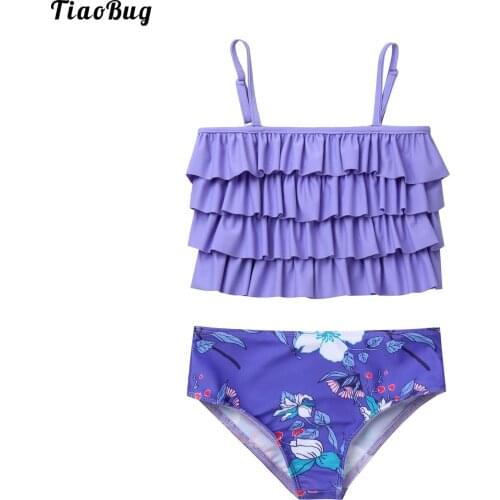 Summer 2Pcs Kids Girls Floral Print Swimwear Adjustable Spaghetti Straps Layered Ruffle Hem Adorned Top And Bottoms Set Bikini