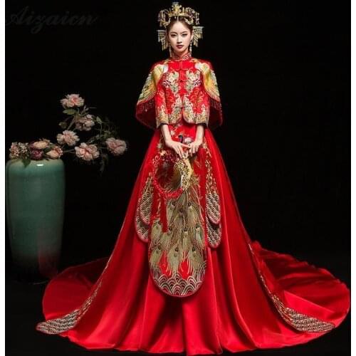 Fashion New Tailing Long Satin Dress Cheongsam Gown Chinoise Married Qi Pao Women Chinese Wedding Dresses Orientale Bride Qipao