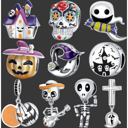 NEW Original 100% 925 sterling silver skull charm pumpkin beads owl pendant fit bracelet making woman jewelry Halloween gift DIY