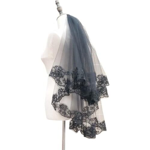 One-Layer Women Girl Black Mantilla Wedding Veil Embroidery Floral Lace Trim Halloween Cosplay Costume Sheer Hair Accessories