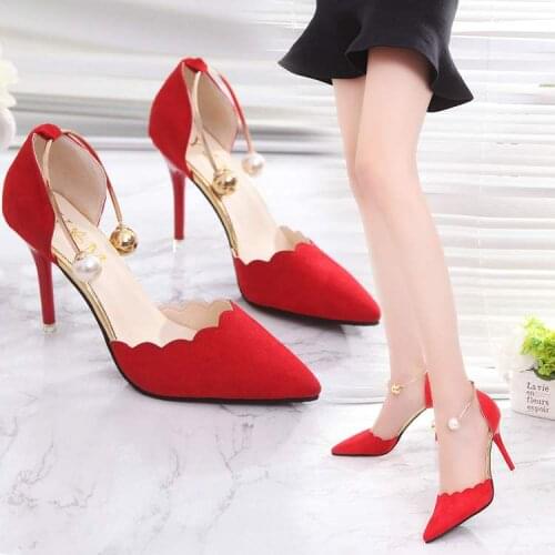 Temperament High Heels Pointed Sexy Wild Thin Heels Single Shoes Sweet Pearl Middle Hollow Womens Shoes Elegant Pumps 5 cm/8cm