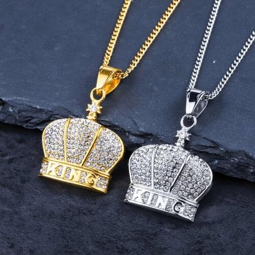 Crystal Iced Out King of Crown Pendant Necklace 60cm Golden Silver Chain Stainless Steel Metal Men Jewelry Hip Hop Rap Gift